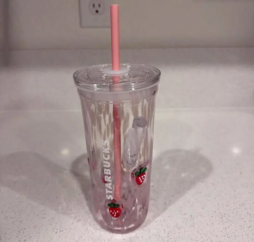 NWT Starbucks Pink Drink Strawberry Glass Tumbler